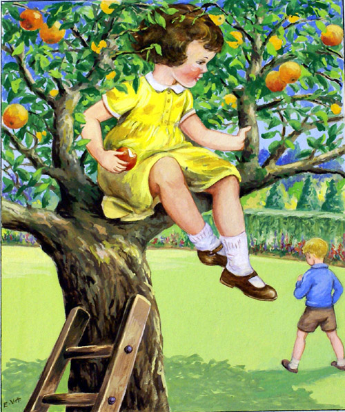 Girl in an Orange Tree (Original) (Signed) by E V Abbott Art at The Illustration Art Gallery