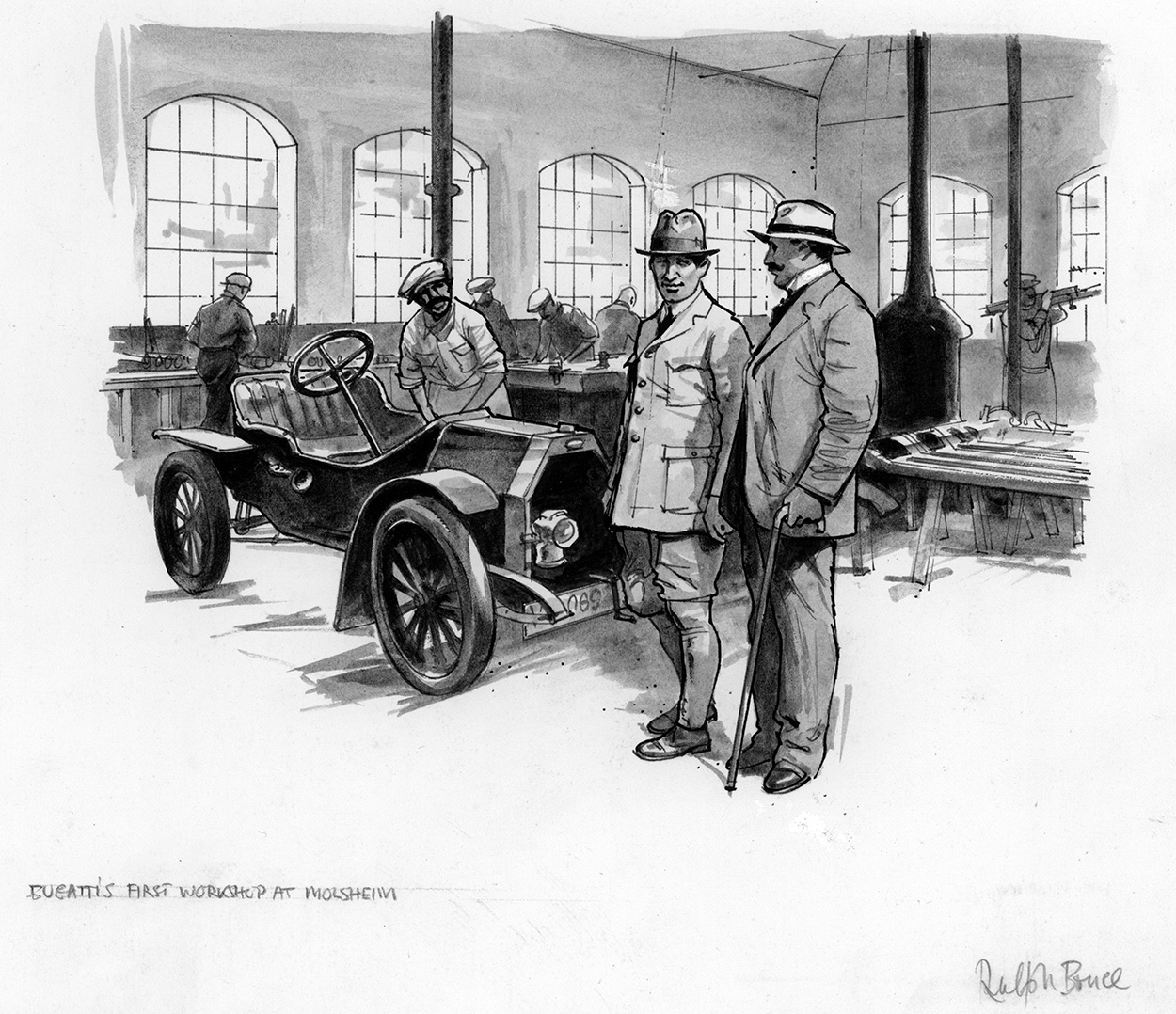 Bugatti's First Workshop at Molsheim (Original) (Signed) art by Ralph Bruce Art at The Illustration Art Gallery