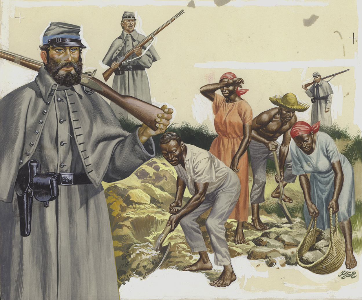 Confederate States of America Soldiers overseeing Slave Labourers (Original) (Signed) art by American History (Ron Embleton) at The Illustration Art Gallery