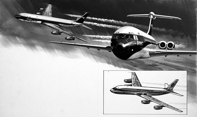 Boeing 707, BAC VC10 and Douglas DC8 (Original) by Air (Wilf Hardy) at The Illustration Art Gallery