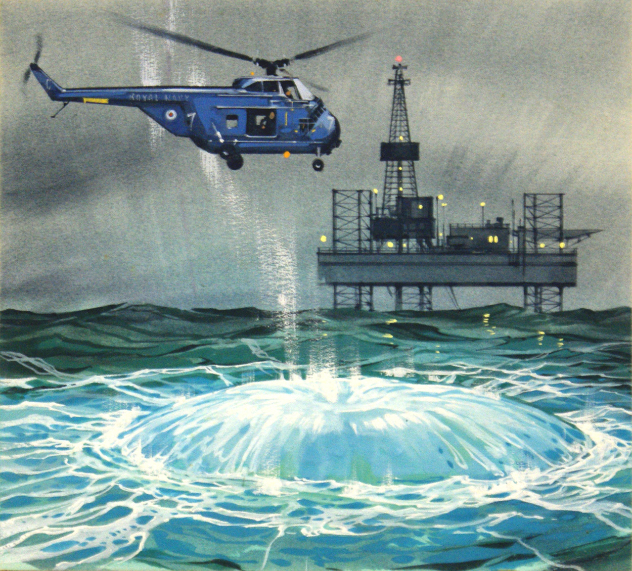 Helicopter & Oil Rig (Original) art by Air (Wilf Hardy) at The Illustration Art Gallery