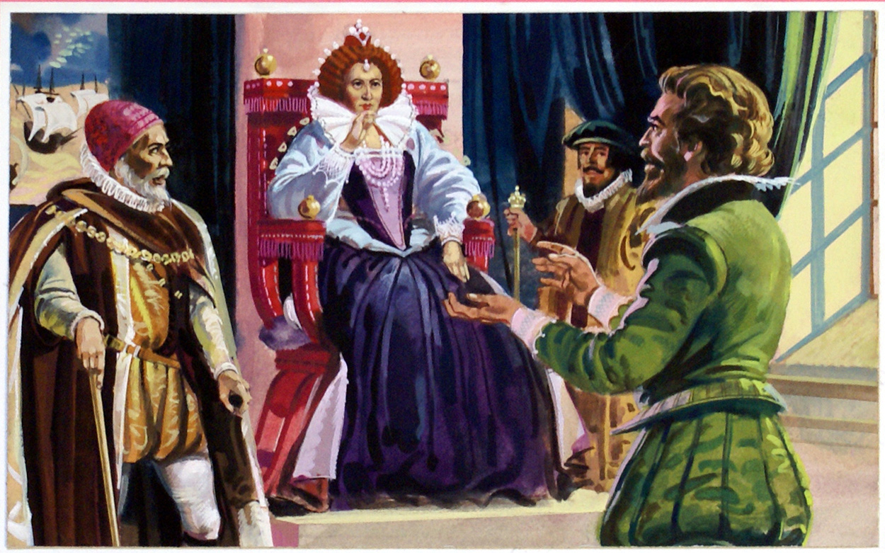 Queen Elizabeth I and Sir Francis Drake (Original) art by British History (Howat) at The Illustration Art Gallery