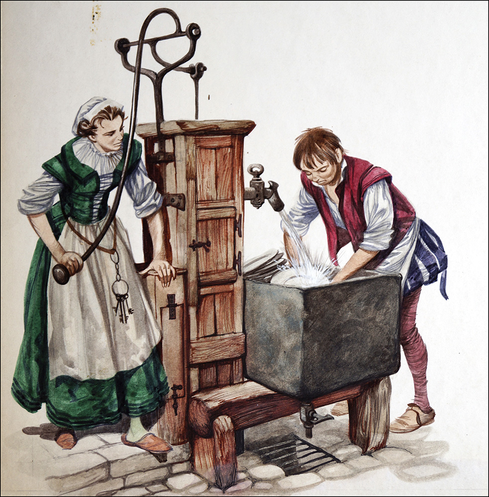 A Tudor Kitchen Water Pump (Original) art by British History (Peter Jackson) at The Illustration Art Gallery