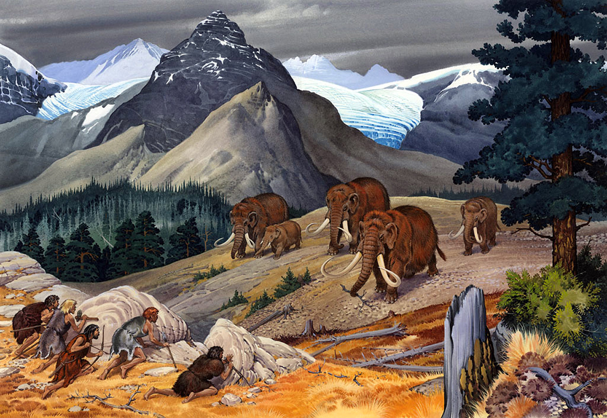 Prehistoric men hunting mammoths (Original) (Signed) art by Bernard Long Art at The Illustration Art Gallery
