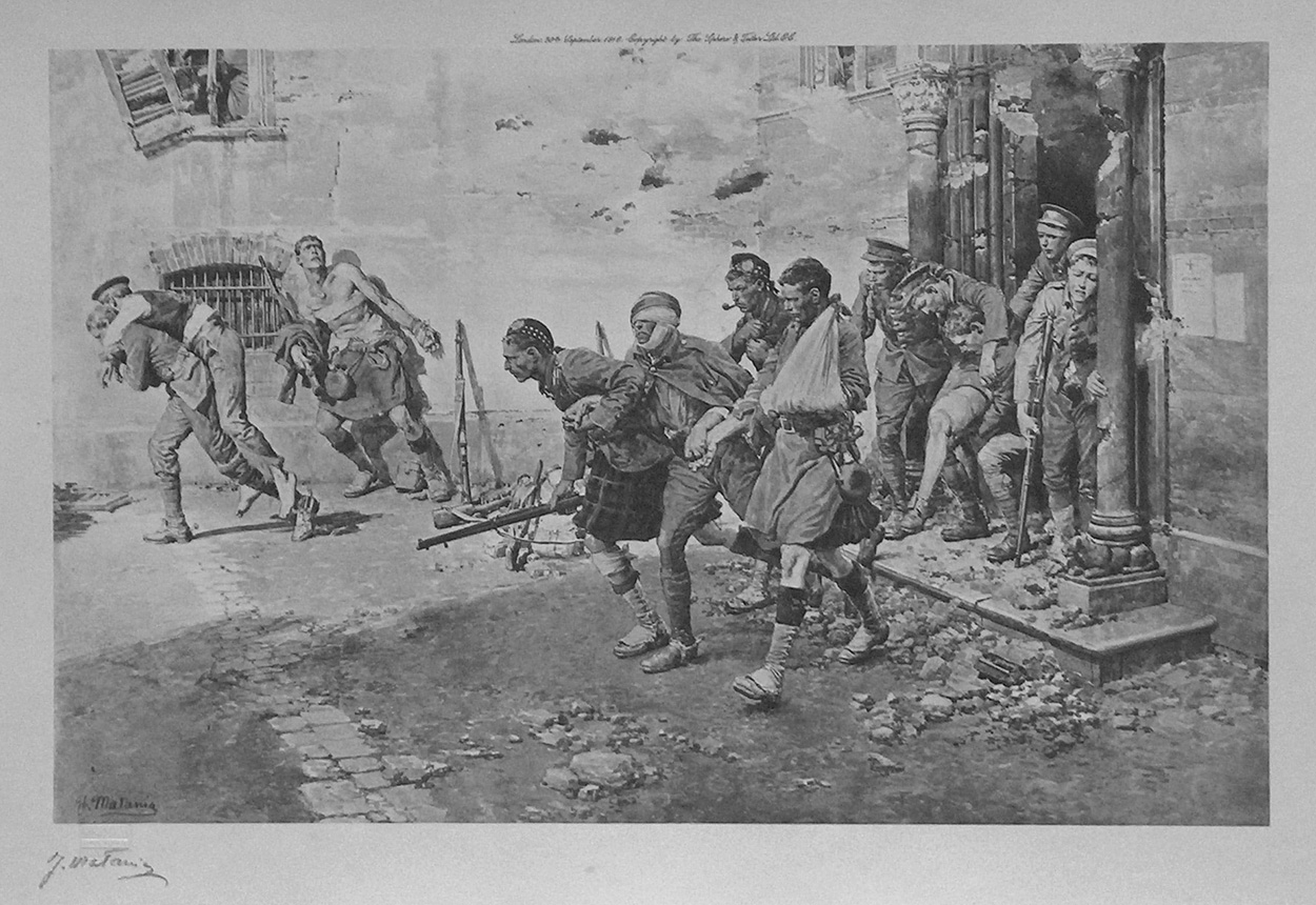 The Famous Four-Day Retreat: How the Wounded Helped The Wounded at Mons (Limited Edition Print) (Signed) art by World Wars (Matania) at The Illustration Art Gallery