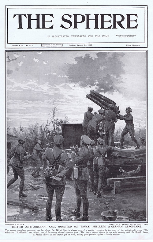 British Anti Aircraft Gun shelling a German aeroplane 1915  (original cover page) (Print) by 1915 (Matania original prints) at The Illustration Art Gallery