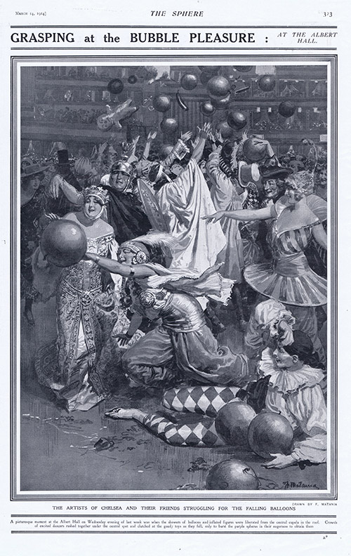 Grasping at the Bubble Pleasure, The Albert Hall  (original page The Sphere 1914) (Print) by 1914 (Matania original prints) at The Illustration Art Gallery