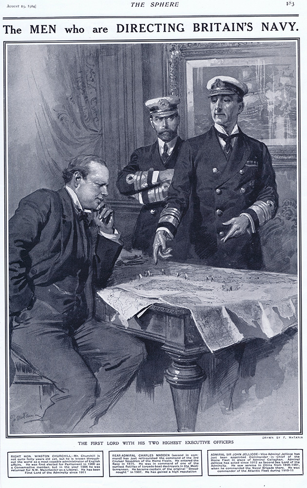The Men who are Directing Britain's Navy  (original cover page The Sphere 1914) (Print) art by 1914 (Matania original prints) at The Illustration Art Gallery