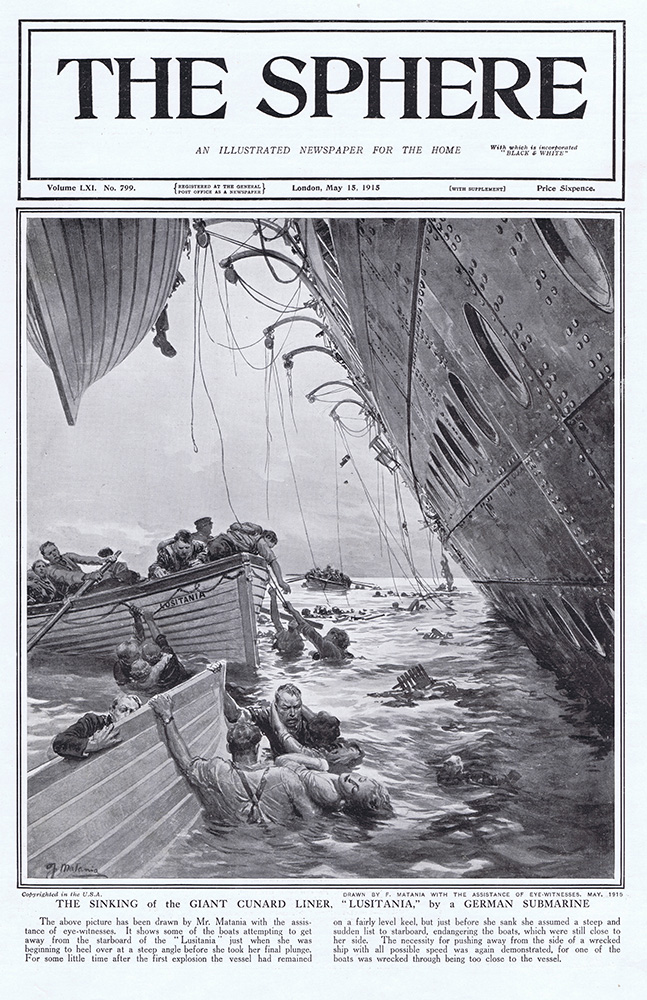 The Sinking of the Lusitania in 1915  (original cover page The Sphere 1915) (Print) art by 1915 (Matania original prints) at The Illustration Art Gallery