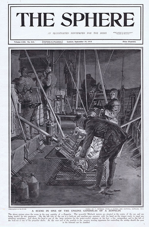 Scene in One of the Engine Gondolas of a Zeppelin  (original cover page The Sphere 1915) (Print) by 1915 (Matania original prints) at The Illustration Art Gallery