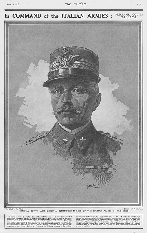 General Count Luigi Cadorna, Commander in Chief Italian Armies 1915  (original page 1915) (Print) by 1915 (Matania original prints) at The Illustration Art Gallery