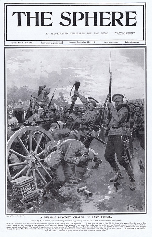 A Russian Bayonet Charge in East Prussia  (original cover page The Sphere 1914) (Print) by 1914 (Matania original prints) at The Illustration Art Gallery