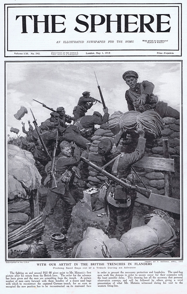 Pitching Sand Bags out of the trenches during an advance in 1915  (original cover page) (Print) art by 1915 (Matania original prints) at The Illustration Art Gallery