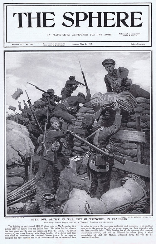 Pitching Sand Bags out of the trenches during an advance in 1915  (original cover page) (Print) by 1915 (Matania original prints) at The Illustration Art Gallery