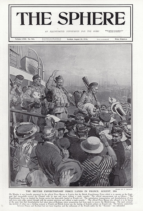 The British Expeditionary Force Lands in France, August 1914  (original cover page 1914) (Print) by 1914 (Matania original prints) at The Illustration Art Gallery