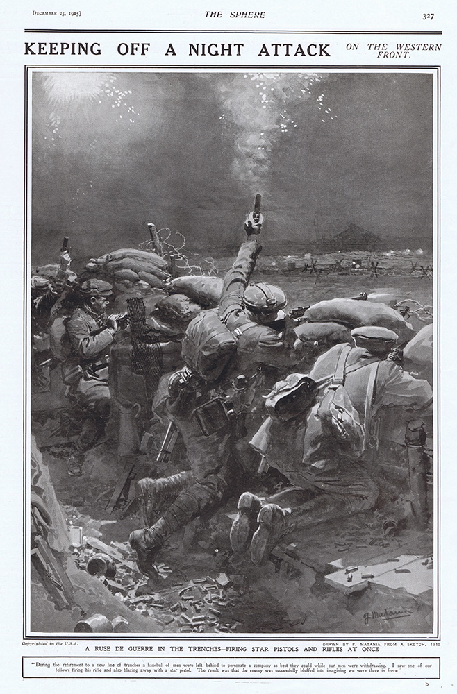 A Ruse de Guerre: Keeping off a Night Attack  (original cover page The Sphere 1915) (Print) art by 1915 (Matania original prints) at The Illustration Art Gallery