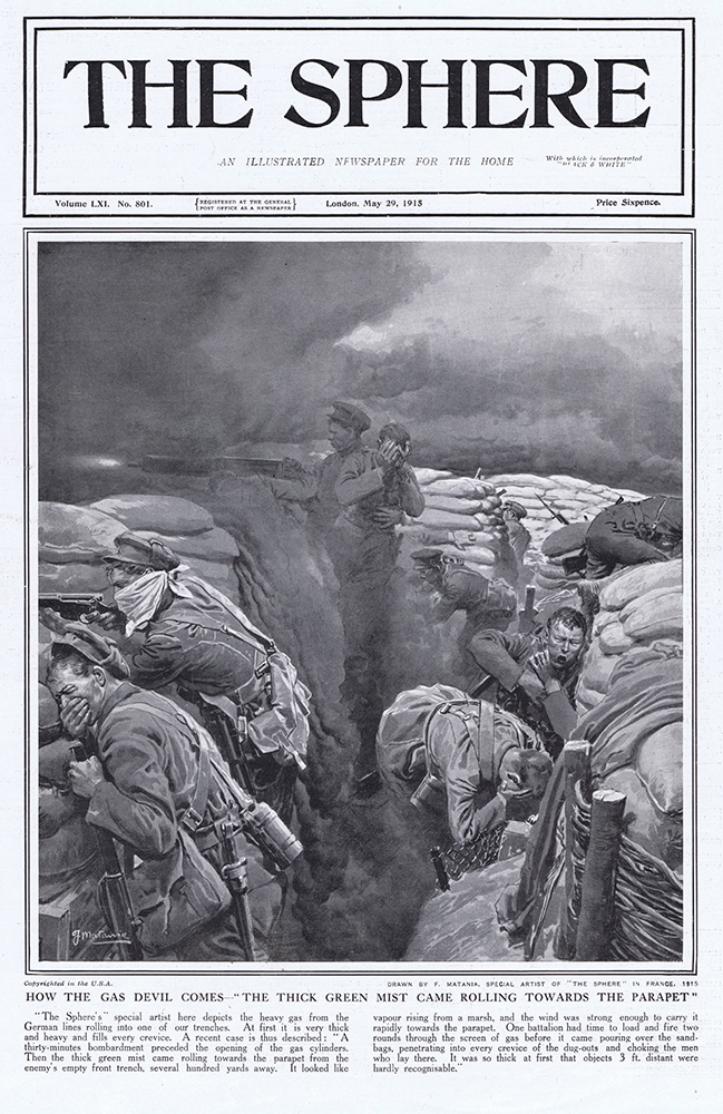 How the Gas Devil comes in the trenches 1915  (original cover page The Sphere 1915) (Print) art by 1915 (Matania original prints) at The Illustration Art Gallery