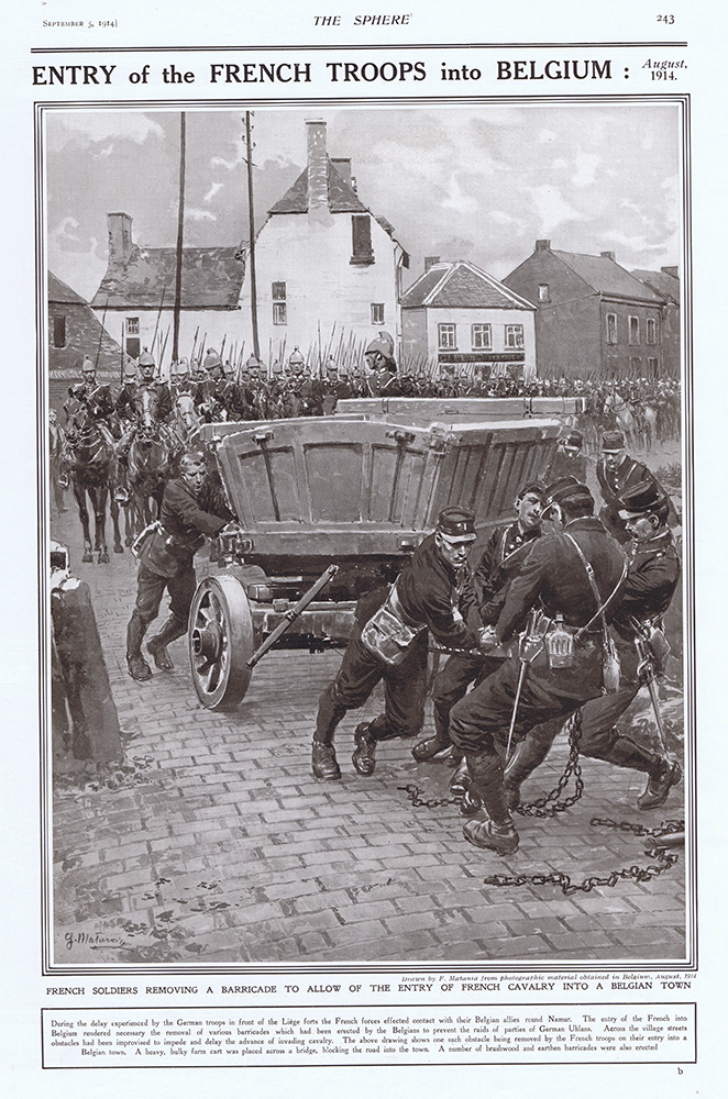 Entry of French Troops into Belgium 1914  (original page The Sphere 1914) (Print) art by 1914 (Matania original prints) at The Illustration Art Gallery