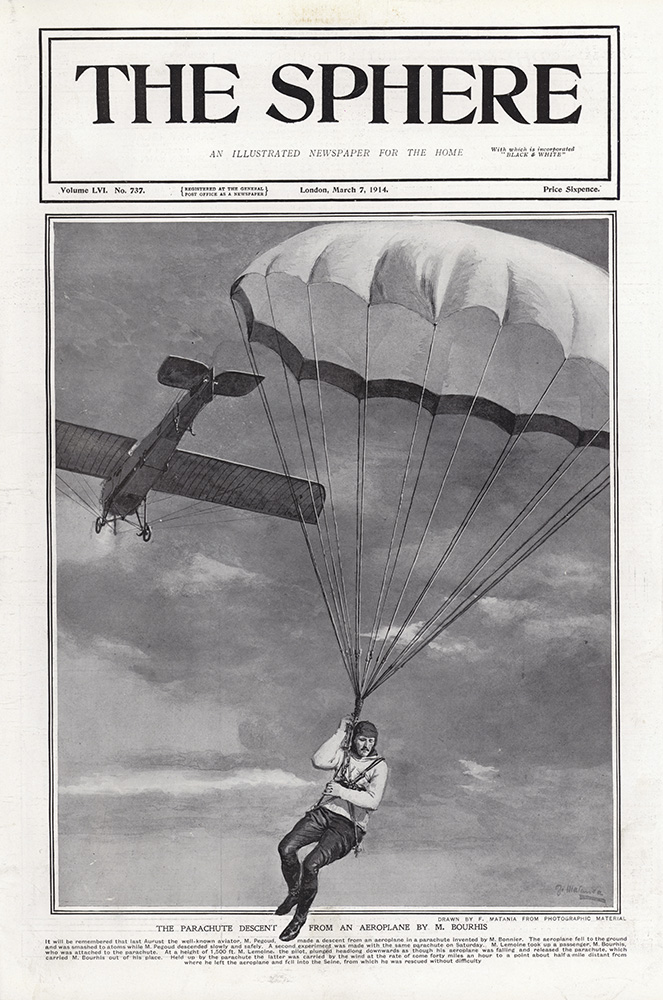 The Parachute Descent by M Bourhis  (original cover page The Sphere 1914) (Print) art by 1914 (Matania original prints) at The Illustration Art Gallery