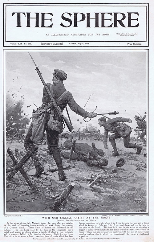 British Bomb Throwers at Work 1915  (original cover page The Sphere 1915) (Print) by 1915 (Matania original prints) at The Illustration Art Gallery