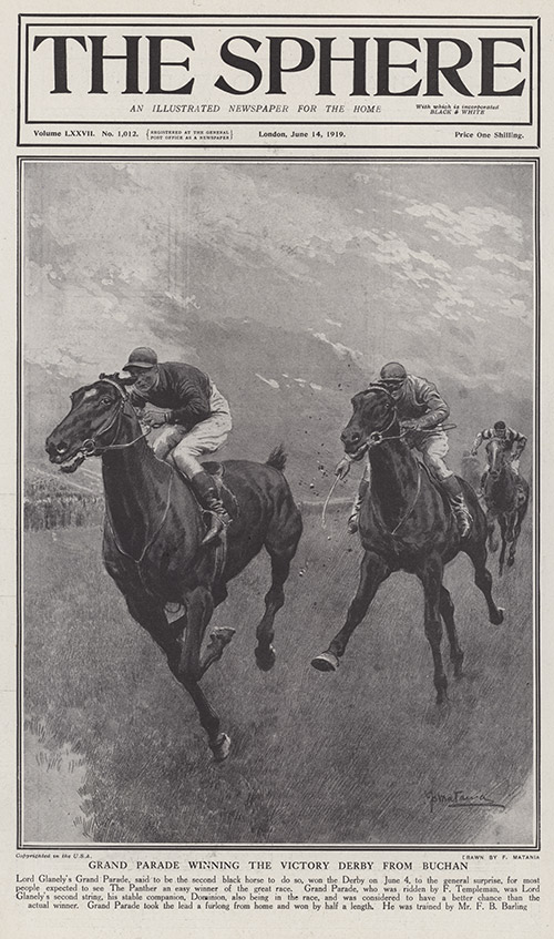 Grand Parade wins the Derby in 1919 (original cover page The Sphere 1919) (Print) by 1919 (Matania original prints) at The Illustration Art Gallery