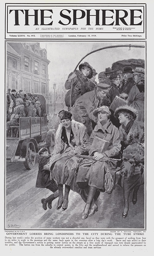 The Tube Strike in London 1919 (original cover page The Sphere 1919) (Print) by 1919 (Matania original prints) at The Illustration Art Gallery