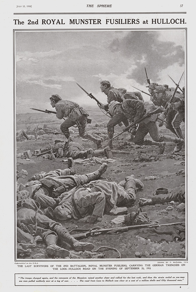 The 2nd Royal Munster Fusiliers at Hulloch 1916  (original cover page The Sphere 1916) (Print) art by 1916 (Matania original prints) at The Illustration Art Gallery