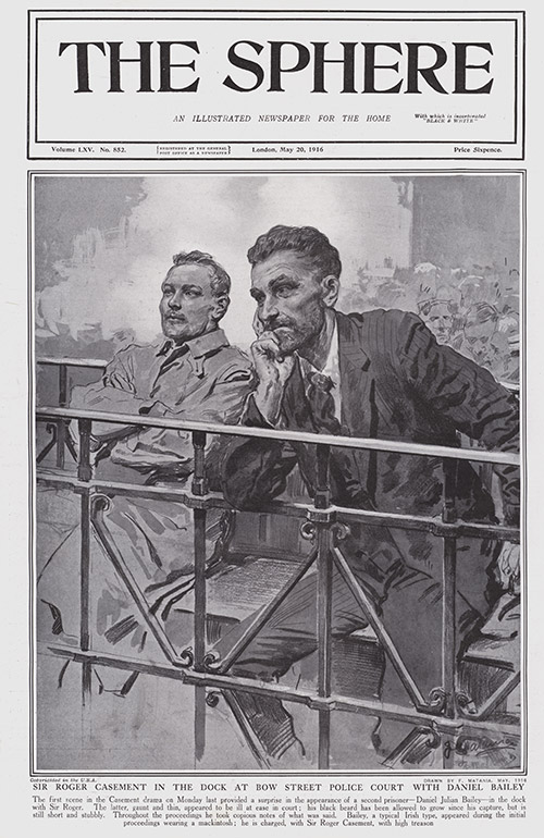 Sir Roger Casement at Bow Street Court 1916  (original cover page The Sphere 1916) (Print) by 1916 (Matania original prints) at The Illustration Art Gallery