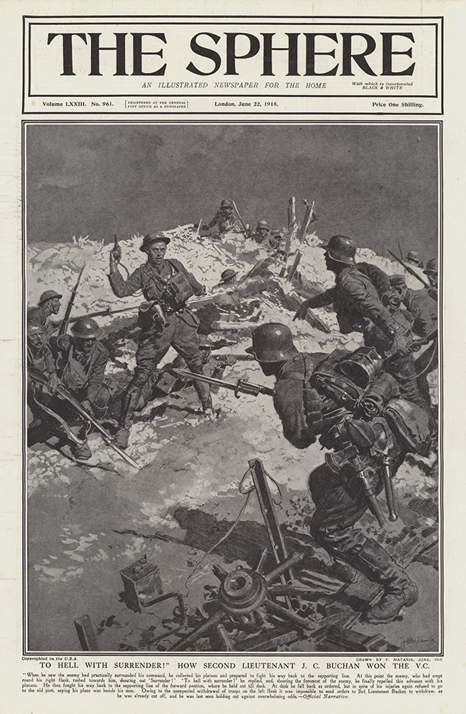 Lieutenant J.C. Buchan wins the Victoria Cross  (original cover page The Sphere 1918) (Print) art by 1918 (Matania original prints) at The Illustration Art Gallery