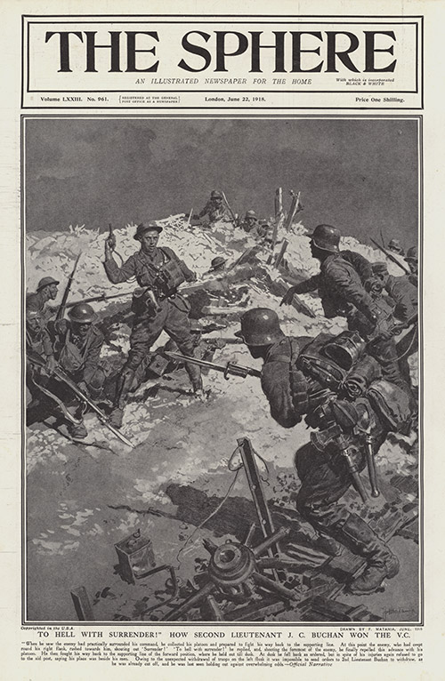 Lieutenant J.C. Buchan wins the Victoria Cross  (original cover page The Sphere 1918) (Print) by 1918 (Matania original prints) at The Illustration Art Gallery