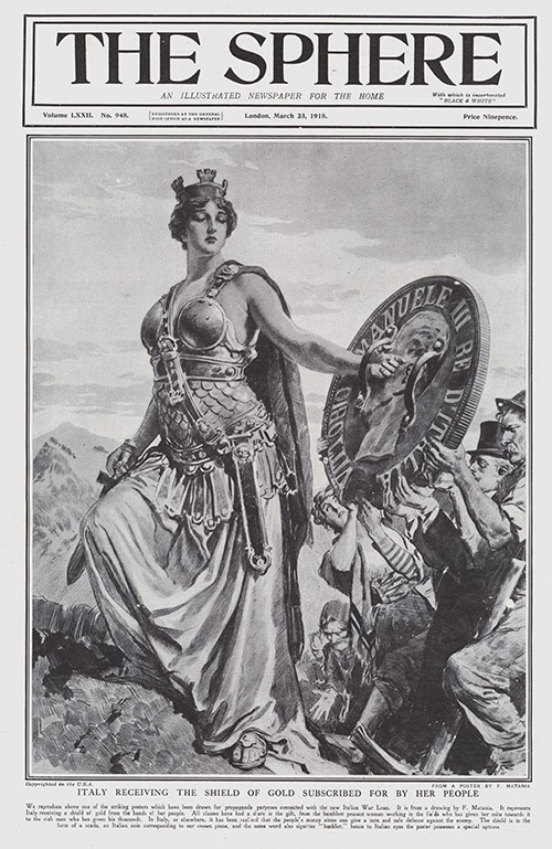 Italy Receiving the Shield of Gold subscribed for by her people 1918 (original cover page) (Print) by 1918 (Matania original prints) at The Illustration Art Gallery