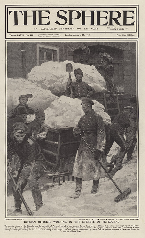 Russian soldiers working in Petrograd  (original cover page from The Sphere dated 1919) (Print) by 1919 (Matania original prints) at The Illustration Art Gallery
