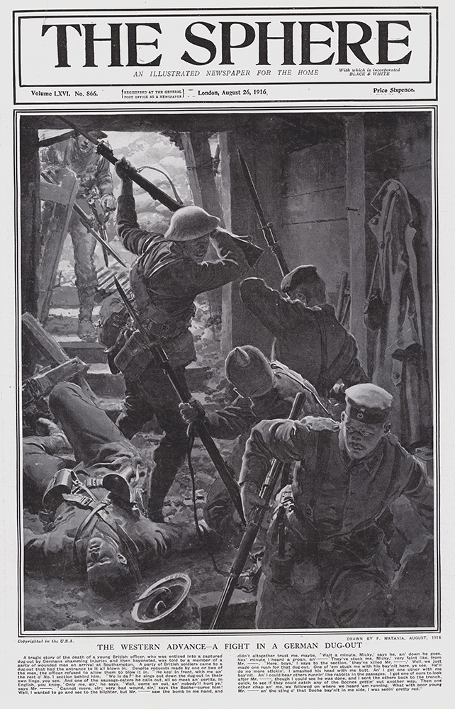 The Western Front a Fight in a German Dugout 1916  (original cover page The Sphere 1916) (Print) art by 1916 (Matania original prints) at The Illustration Art Gallery