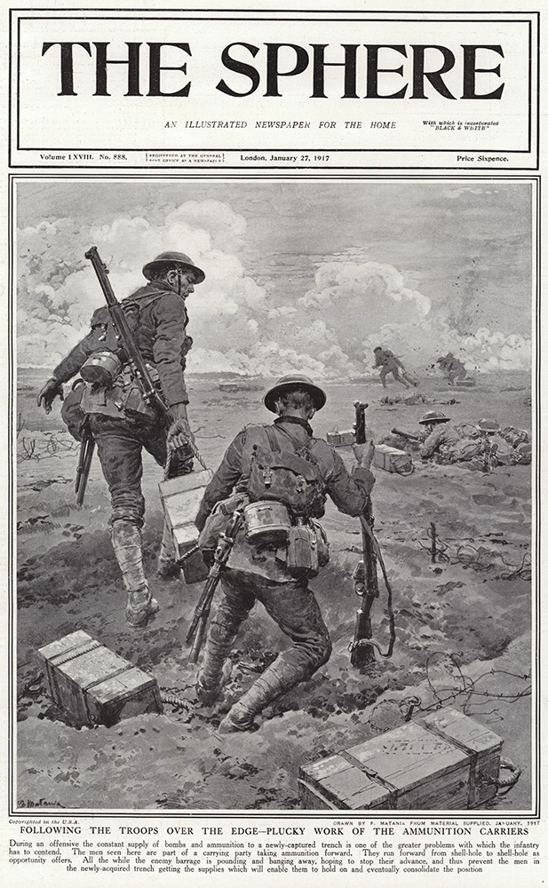 The Ammunition Carriers at the Front 1917  (original cover page The Sphere 1917) (Print) art by 1917 (Matania original prints) at The Illustration Art Gallery