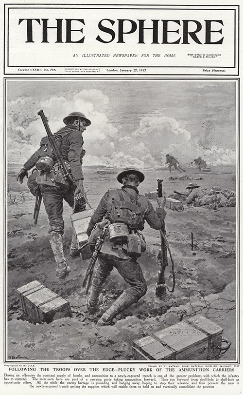 The Ammunition Carriers at the Front 1917  (original cover page The Sphere 1917) (Print) by 1917 (Matania original prints) at The Illustration Art Gallery