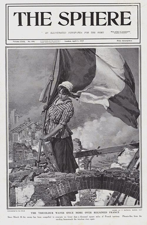 The Tricolour Waves above French Soil 1917  (original cover page The Sphere 1917) (Print) by 1917 (Matania original prints) at The Illustration Art Gallery