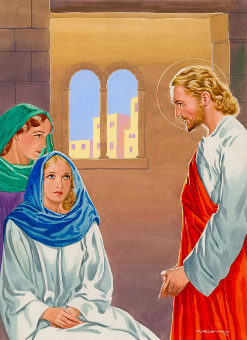 Jesus Visits Martha and Mary (Original) (Signed) by F Stocks May Art at The Illustration Art Gallery