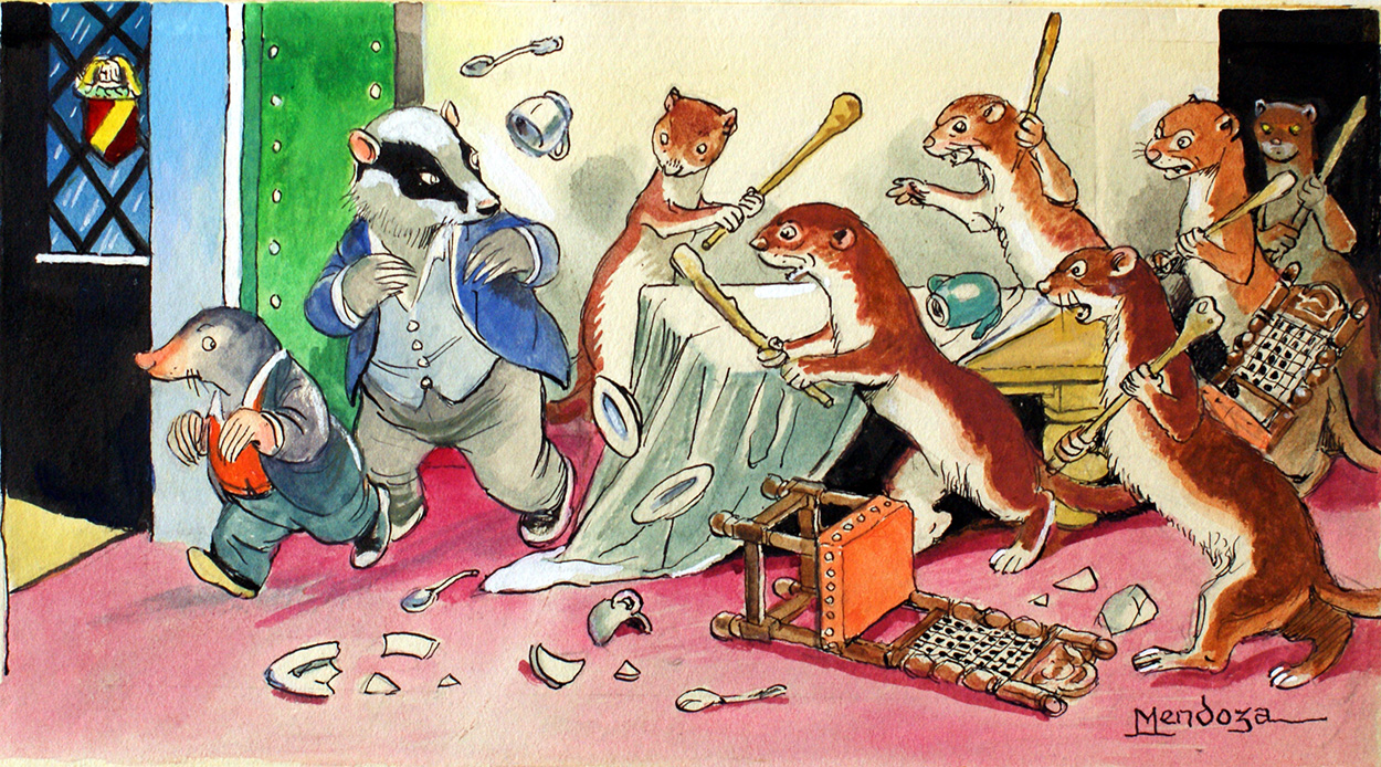 The Wind in the Willows: Badger and Mole battle the weasels (Original) (Signed) art by Wind in the Willows (Mendoza) at The Illustration Art Gallery