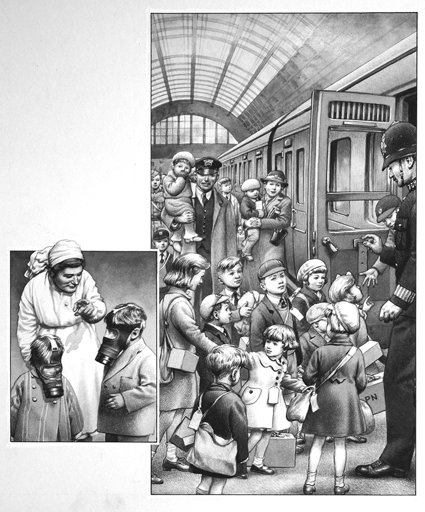 Evacuation of London Children (Original) (Signed) art by British History (Pat Nicolle) at The Illustration Art Gallery