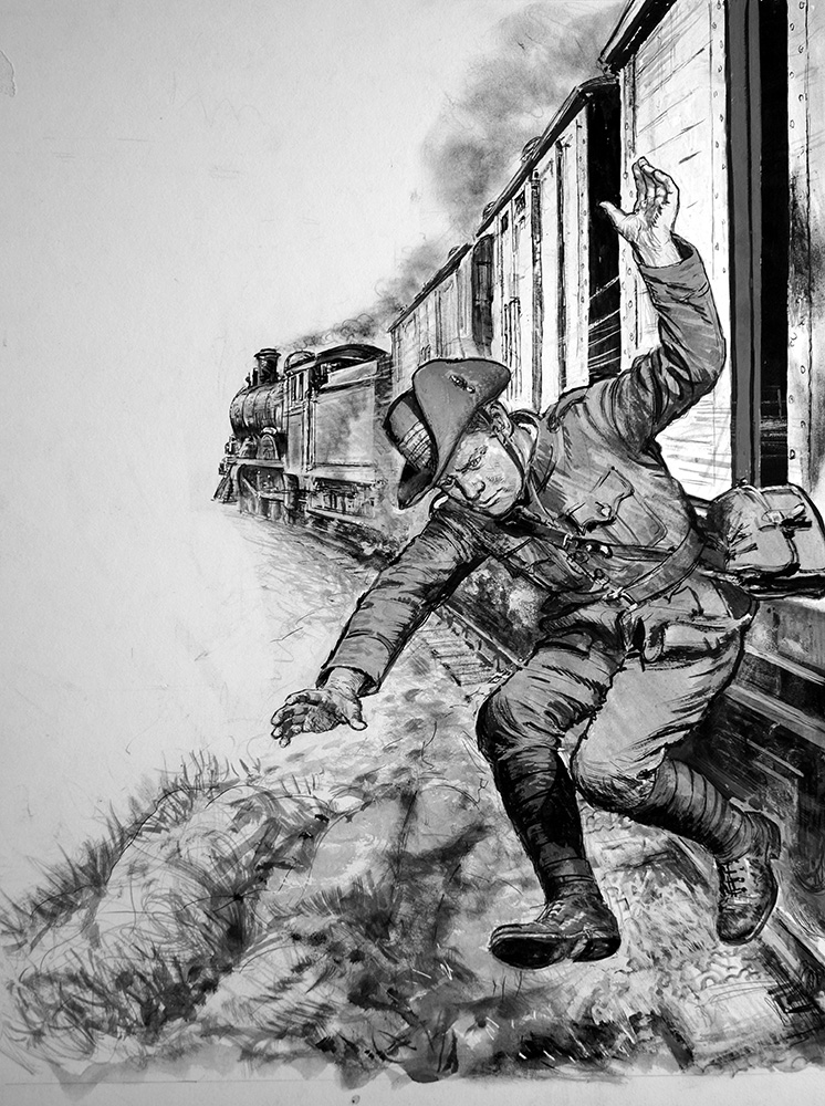 Winston Churchill Escapes The Boers (Original) art by Ken Petts at The Illustration Art Gallery