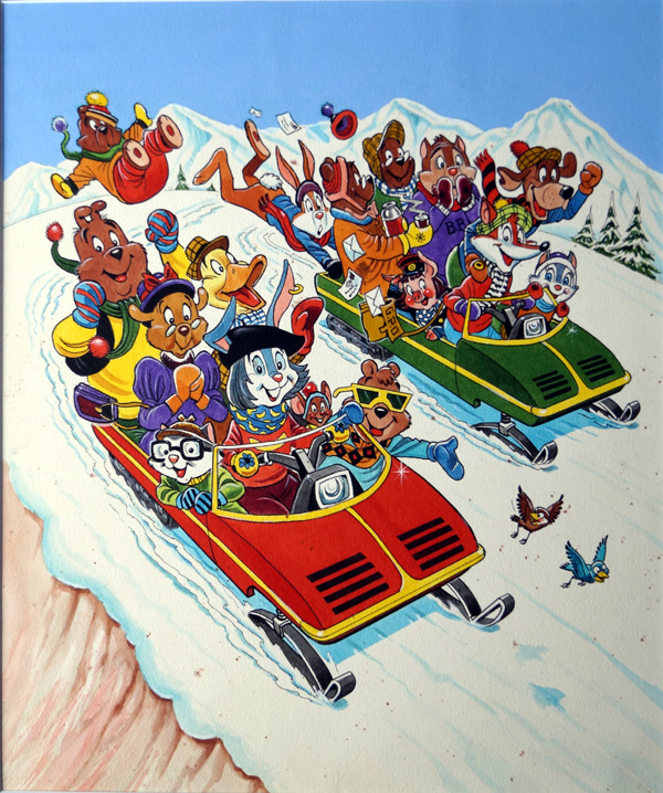 Harold Hare Downhill Racer (Original) by Peter Woolcock Art at The Illustration Art Gallery