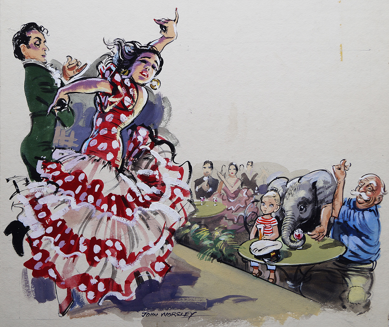 Flamenco and Cathedral and Birds in Barcelona (Originals) (Signed) art by John Worsley Art at The Illustration Art Gallery