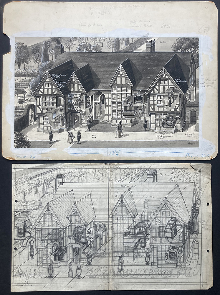 The Tudor Mansion Cut Away painting and artist sketch (Original) (Signed) art by Leslie Ashwell Wood Art at The Illustration Art Gallery