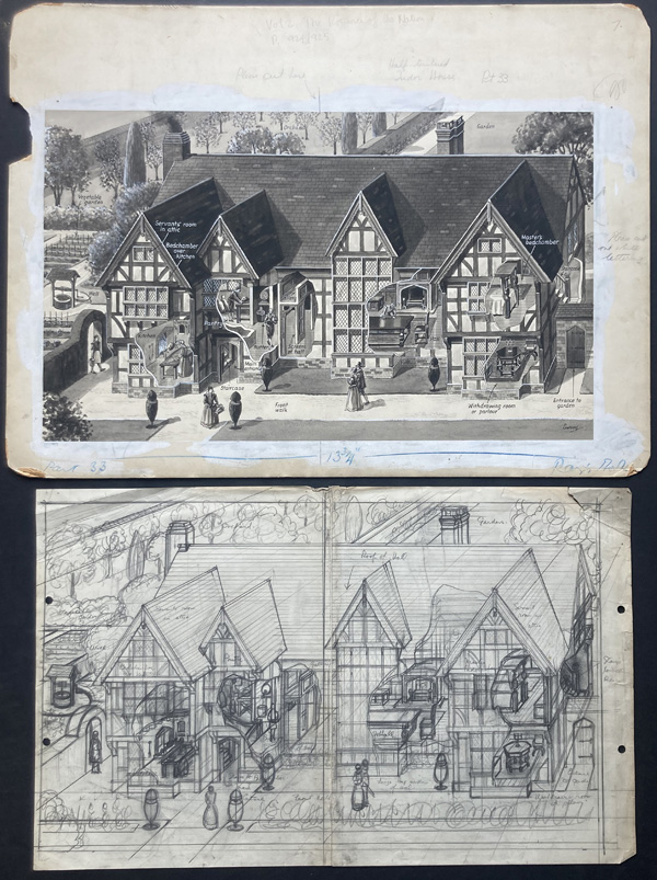 The Tudor Mansion Cut Away painting and artist sketch (Original) (Signed) by Leslie Ashwell Wood Art at The Illustration Art Gallery