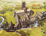 Reconstruction of Fountains Abbey, 12th C (Original Macmillan Poster) (Print) art by Stuart Boyle at The Illustration Art Gallery