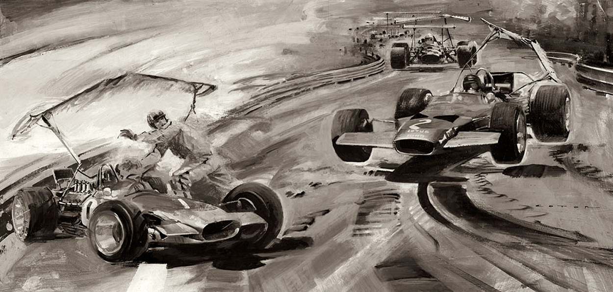 Graham Hill Crashes in the German Grand Prix 1969 (Original) (Signed) art by Graham Coton at The Illustration Art Gallery