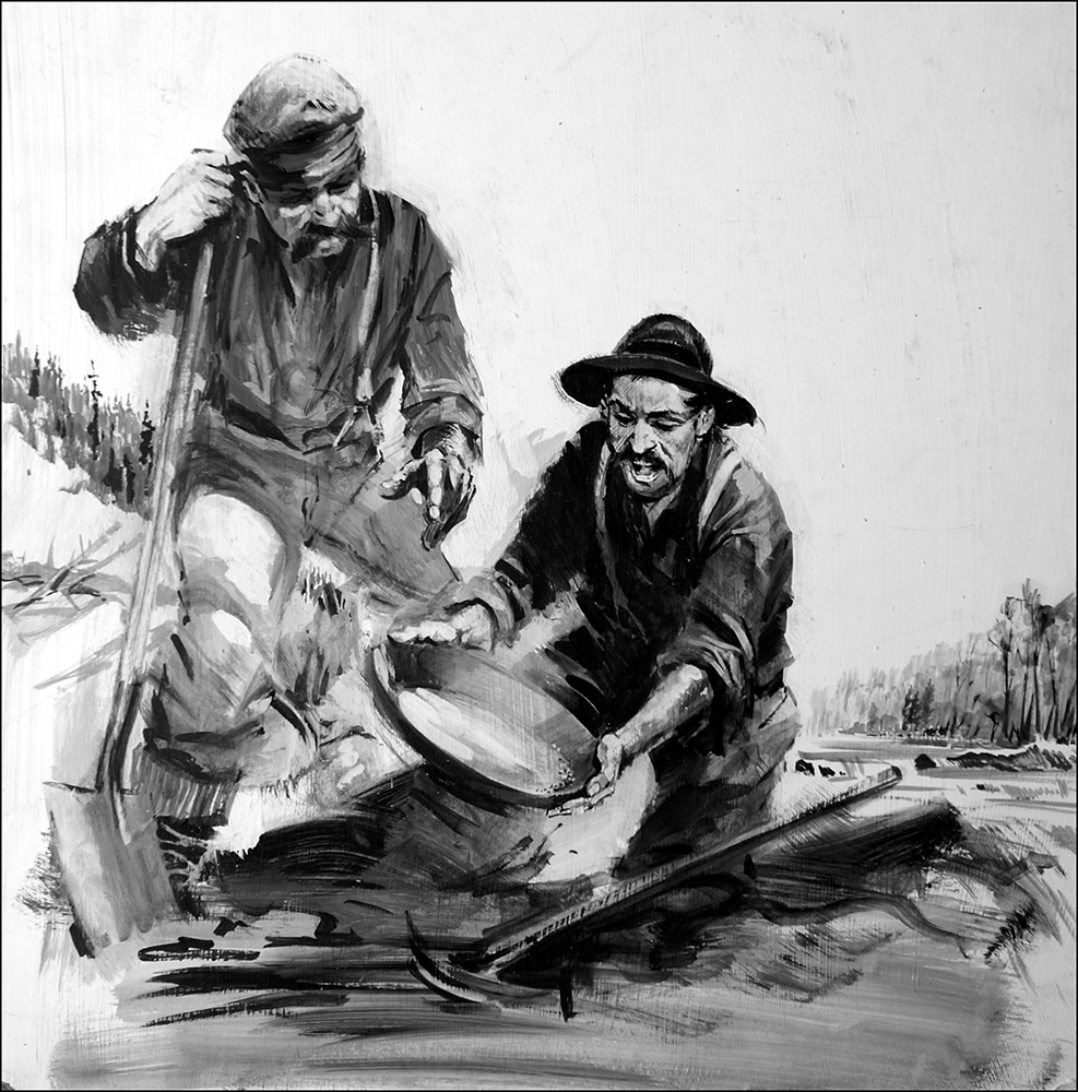 Robert Henderson at Rabbit Creek in the Yukon panning for gold (Original) art by Graham Coton at The Illustration Art Gallery