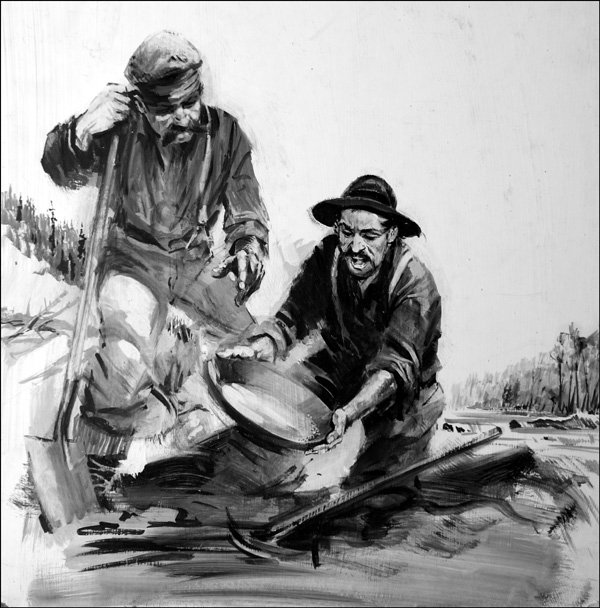 Robert Henderson at Rabbit Creek in the Yukon panning for gold (Original) by Graham Coton at The Illustration Art Gallery