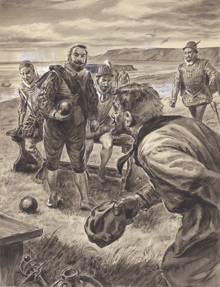 Sir Francis Drake plays Boules on the Beach (Original) (Signed) art by British History (Doughty) at The Illustration Art Gallery