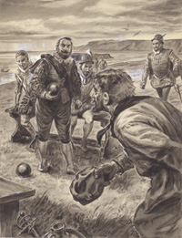 Sir Francis Drake plays Boules on the Beach art by Cecil Doughty